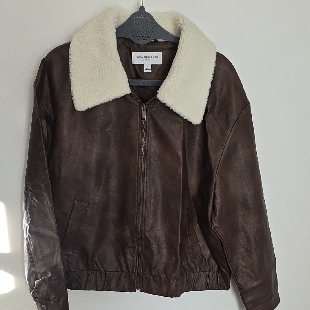 Marc New York Brown Leather Jacket with Cream Collar